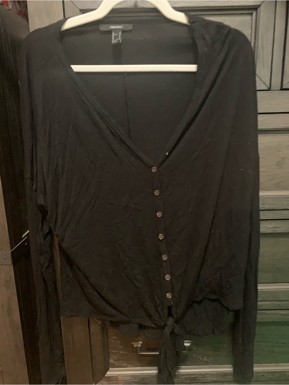 Forever 21 Black Button-Front Tie Hem Long Sleeve Top